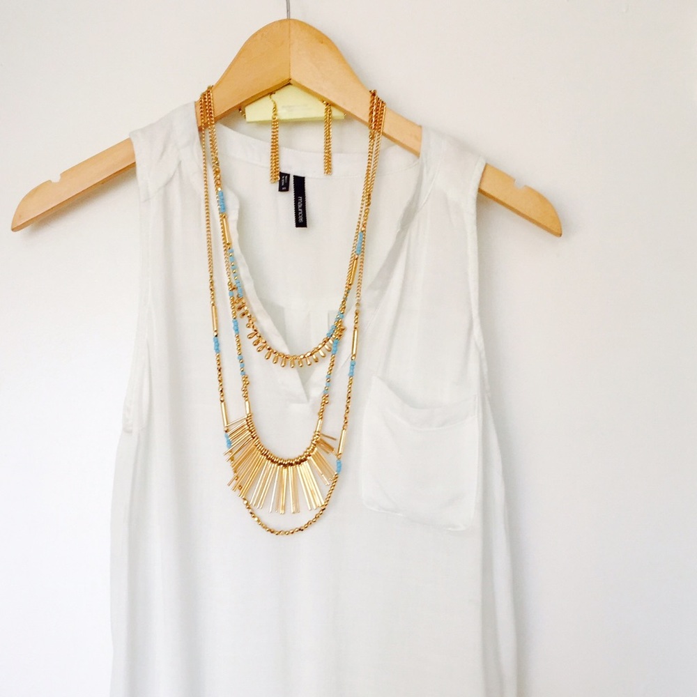 NEW Tatiana Gold Beaded Layered Necklace Set Dangle Tassel Earrings Blue Long